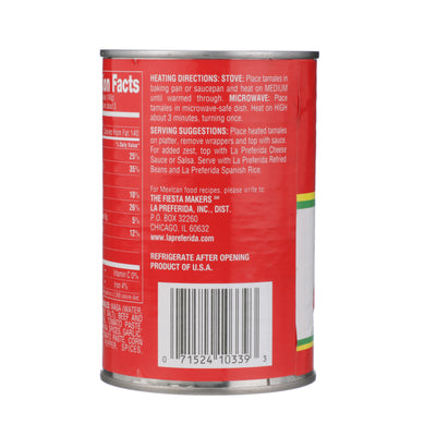Back label view showing ingredients of La Preferida beef and pork tamales