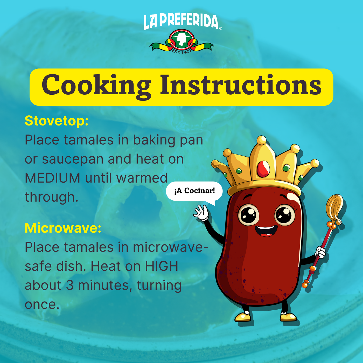 Cooking instructions for La Preferida tamales in a can, showing stovetop and microwave heating directions