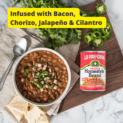 Bowl of La Preferida Homestyle Beans Frijoles Charros with jalapeño and cilantro, infused with bacon and chorizo