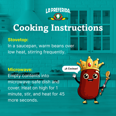 Cooking directions for La Preferida Homestyle Beans Frijoles Charros for stovetop and microwave