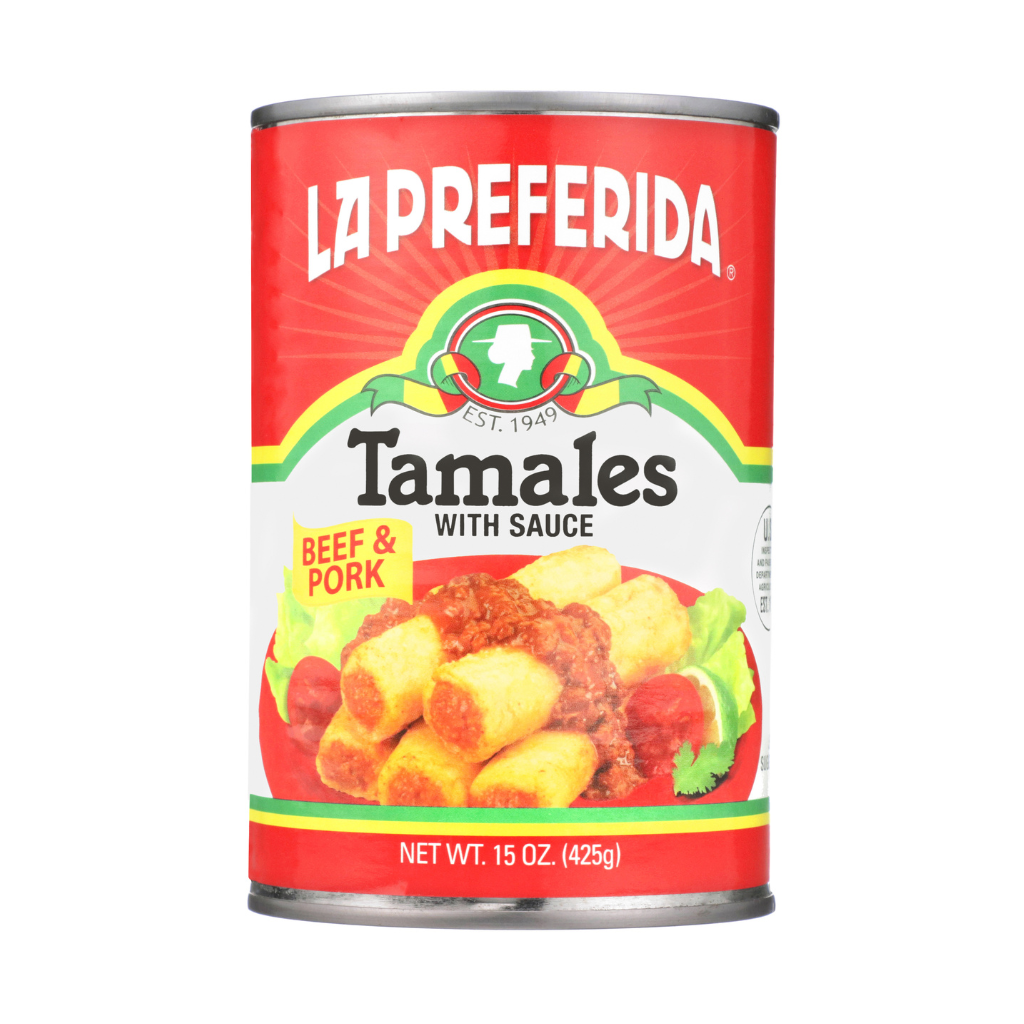 Front view of La Preferida canned beef and pork tamales in red sauce, 15oz can