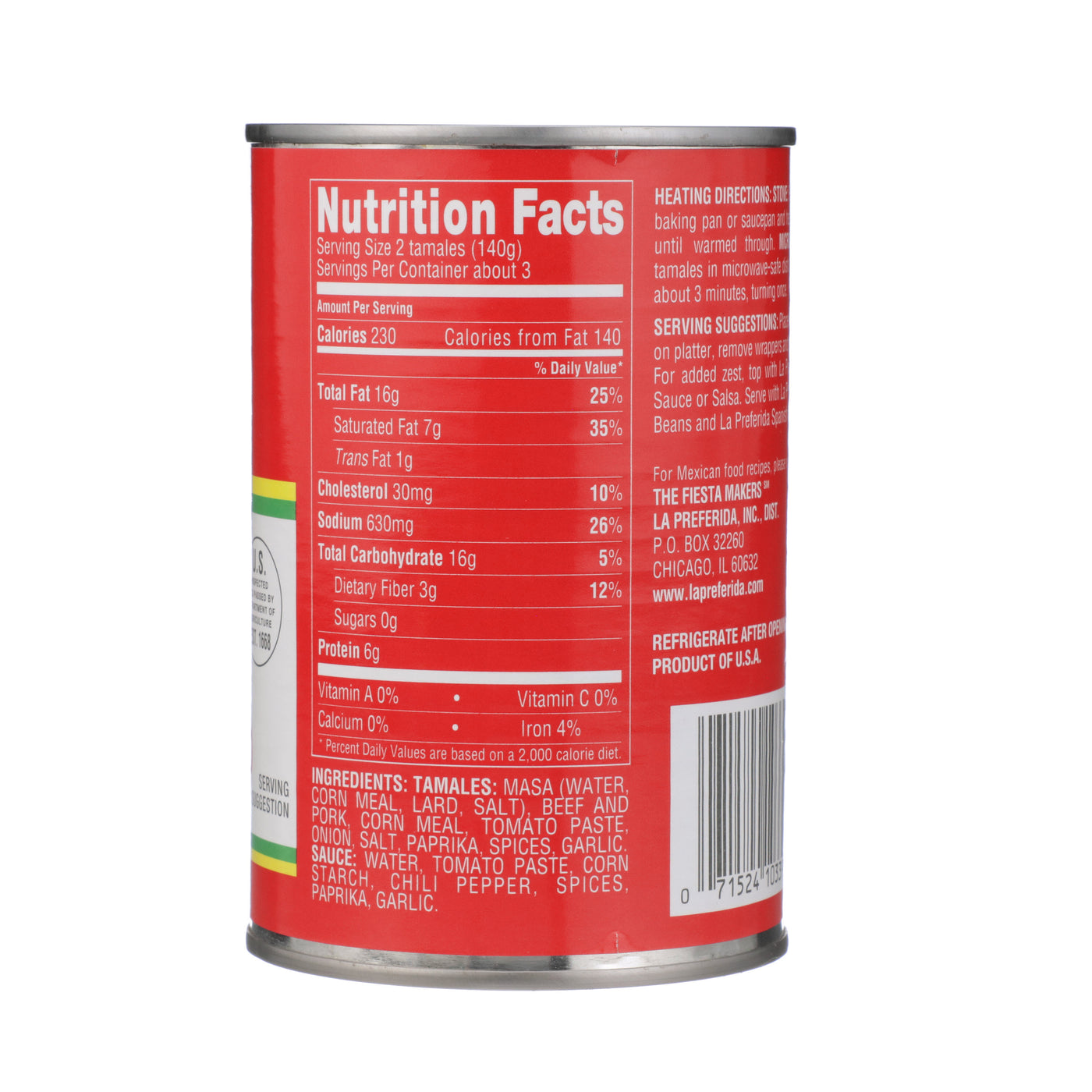 Nutrition facts label of La Preferida beef and pork tamales in a can