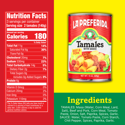 Nutrition label and ingredients list for La Preferida beef and pork tamales in a can, 15oz