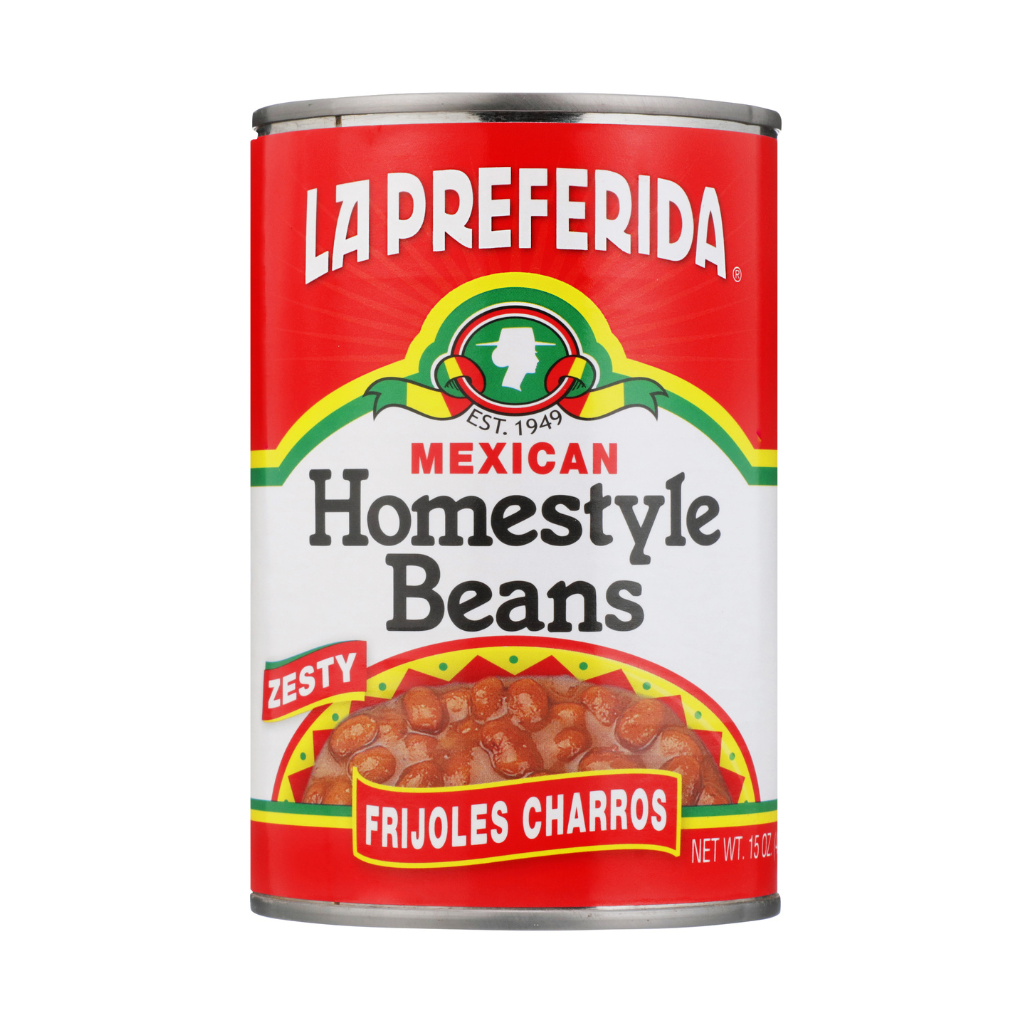 Can of La Preferida Homestyle Beans (Frijoles Charros) zesty ranchero-style Mexican beans