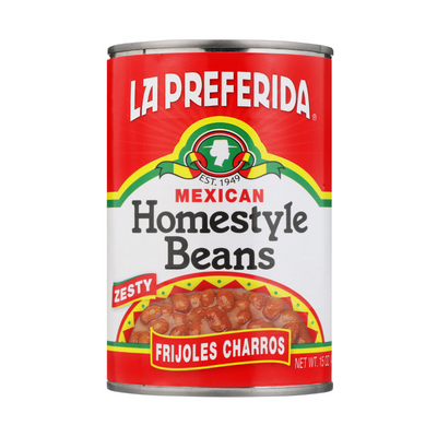 Can of La Preferida Homestyle Beans (Frijoles Charros) zesty ranchero-style Mexican beans