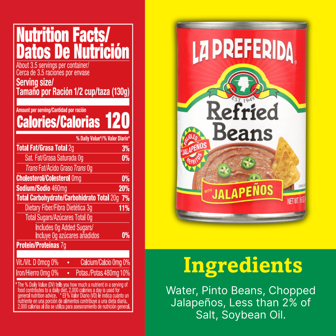 Refried Beans with Jalapeños, 16oz | La Preferida