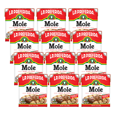 Bulk 12-pack of La Preferida Oaxacan Style Mole cartons, gluten-free vegan mole sauce for easy cooking and authentic Oaxacan mole recipes.