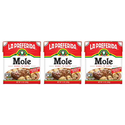 Three-pack of La Preferida Oaxacan Style Mole cartons, best store bought mole sauce for quick and authentic mole dishes.
