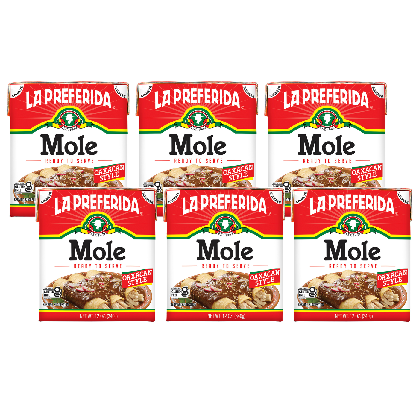 Six cartons of La Preferida Mole Oaxacan Style, convenient easy mole sauce perfect for vegan meals and traditional Oaxacan mole recipes.
