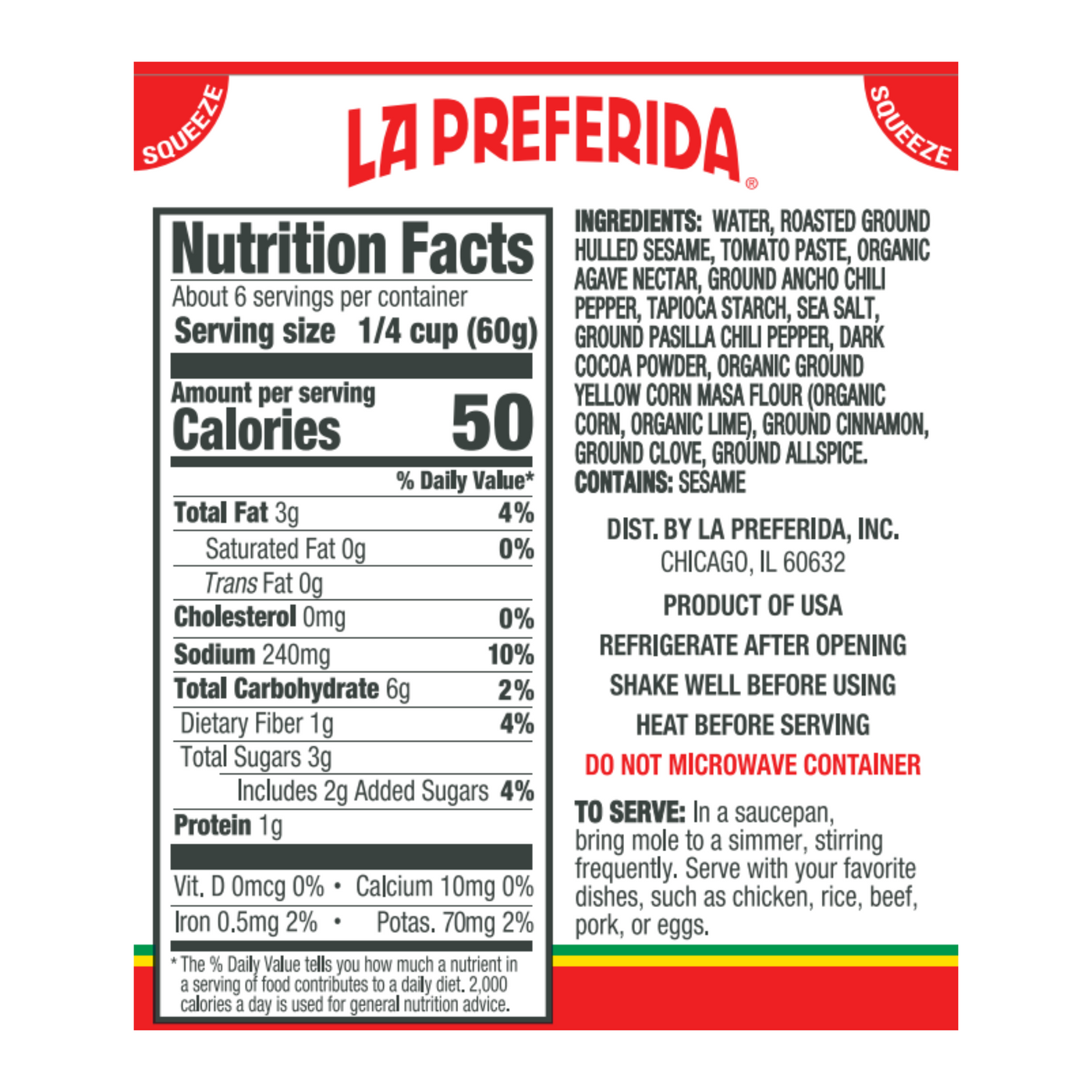 Back of La Preferida Mole carton showing nutrition facts and ingredients, gluten-free and vegan mole sauce for easy homemade Oaxacan recipes.