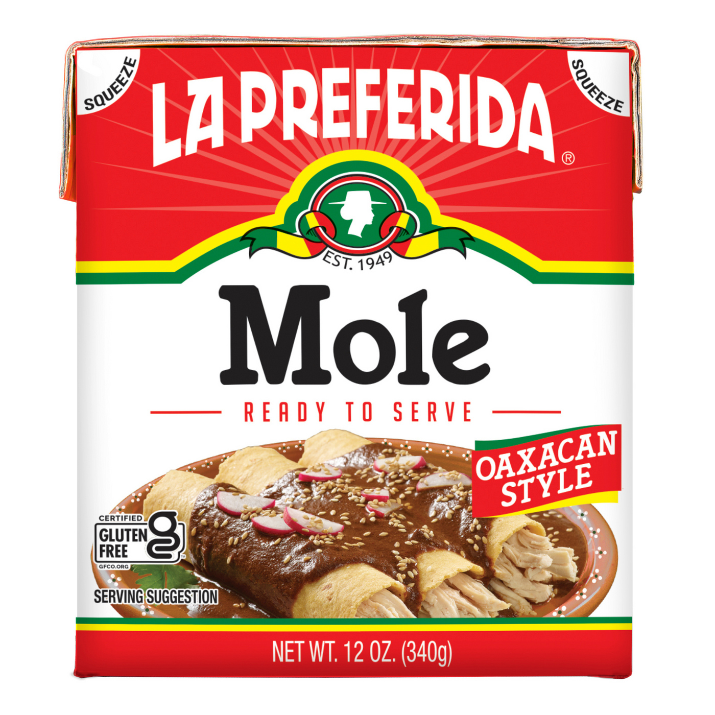 Front of La Preferida Mole Oaxacan Style 12oz carton, ready-to-serve vegan mole sauce, easy to use for authentic Oaxacan mole recipes.
