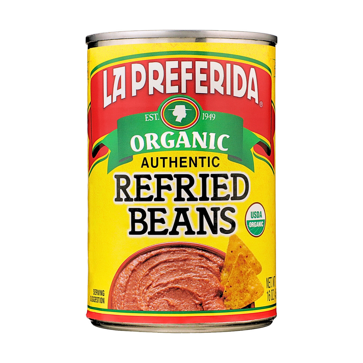 Front of La Preferida organic refried beans can, made without lard for a healthy option.