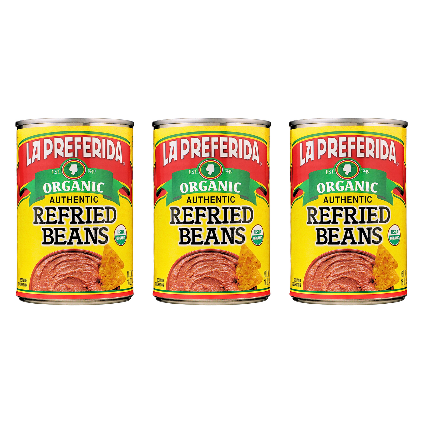 Three-pack of USDA organic refried beans, a wholesome and lard-free choice.