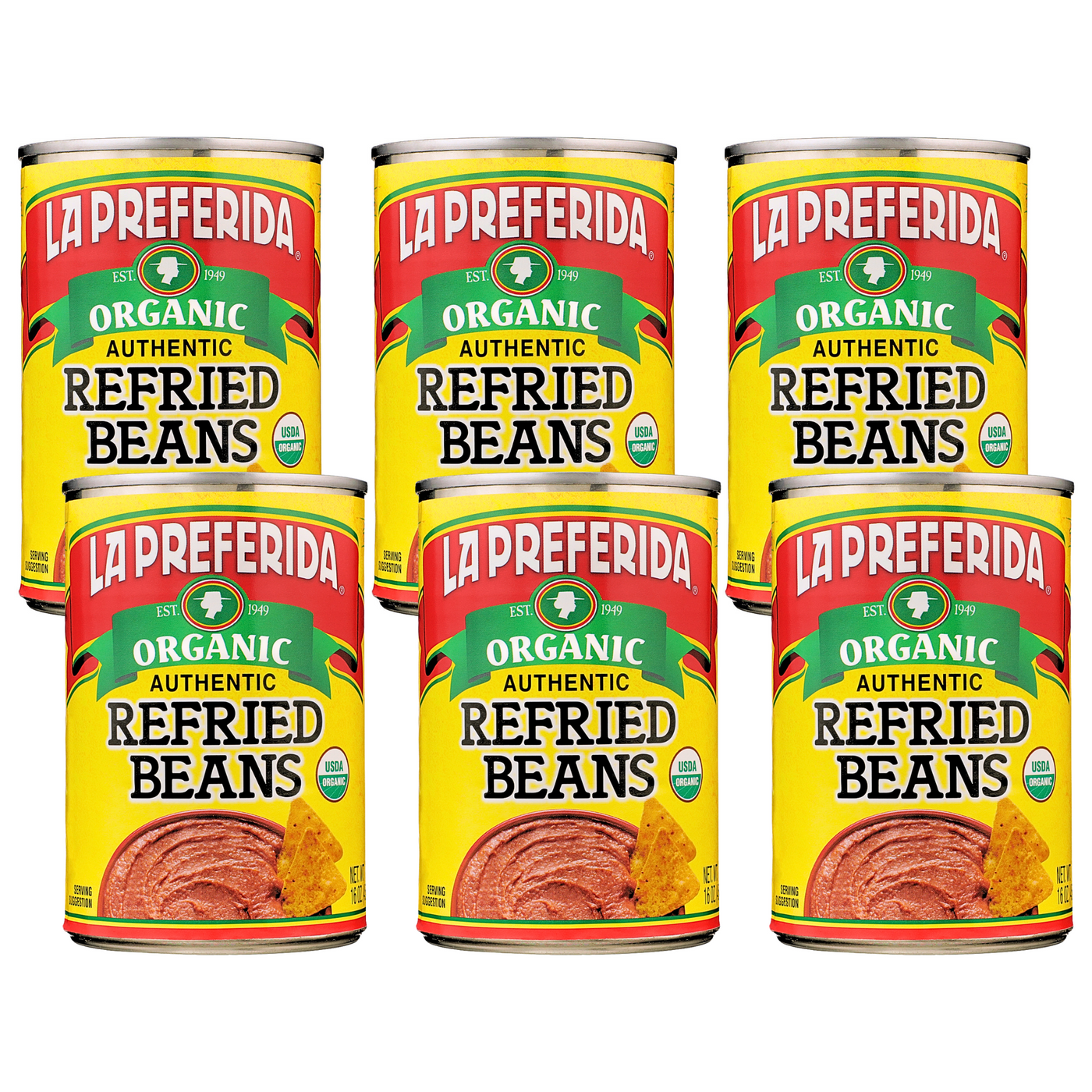 Six-pack of healthy organic refried beans, made with simple ingredients and no lard.