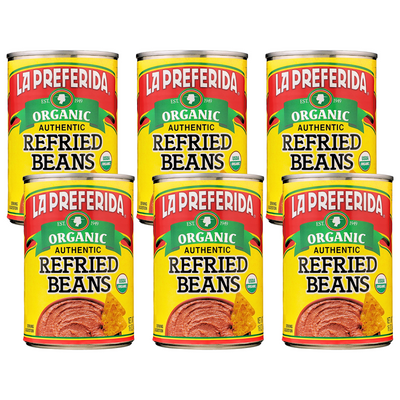 Six-pack of healthy organic refried beans, made with simple ingredients and no lard.