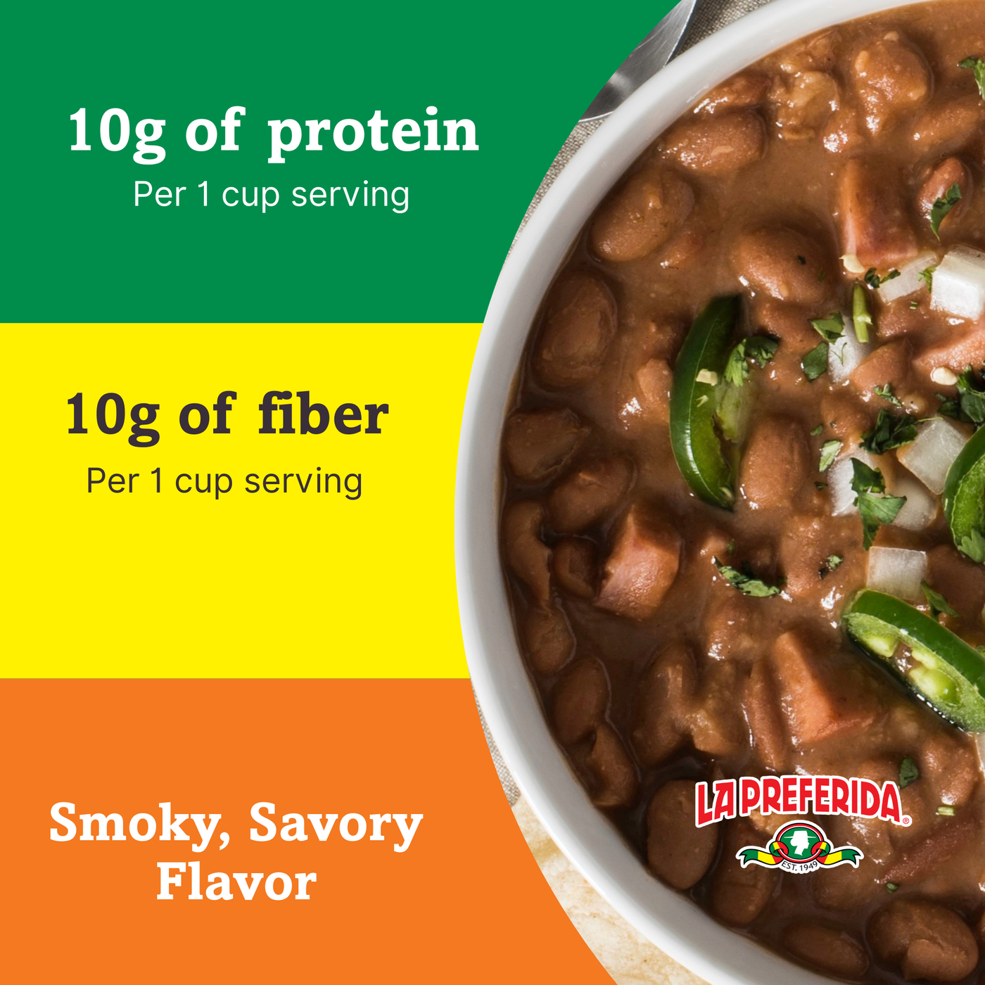 Bowl of La Preferida Frijoles Charros ranchero beans with jalapeños and onions highlighting 10g protein and 10g fiber