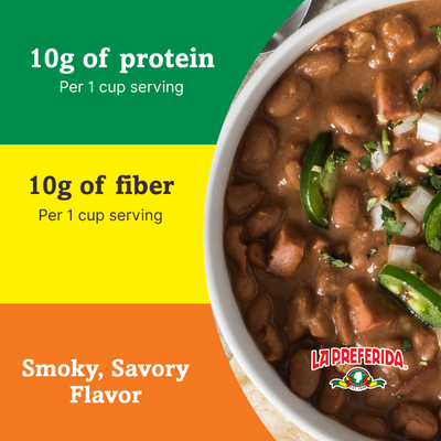 Bowl of La Preferida Frijoles Charros ranchero beans with jalapeños and onions highlighting 10g protein and 10g fiber