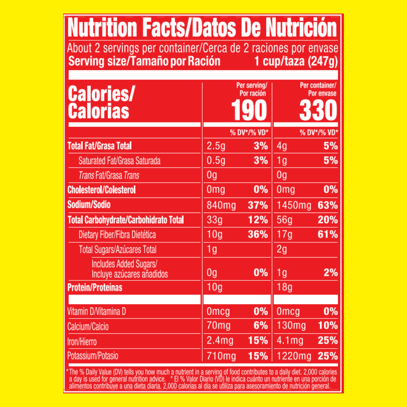 Nutrition label for La Preferida Frijoles Charros showing calories, protein, fiber, and sodium per serving
