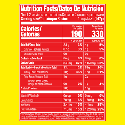 Nutrition label for La Preferida Frijoles Charros showing calories, protein, fiber, and sodium per serving