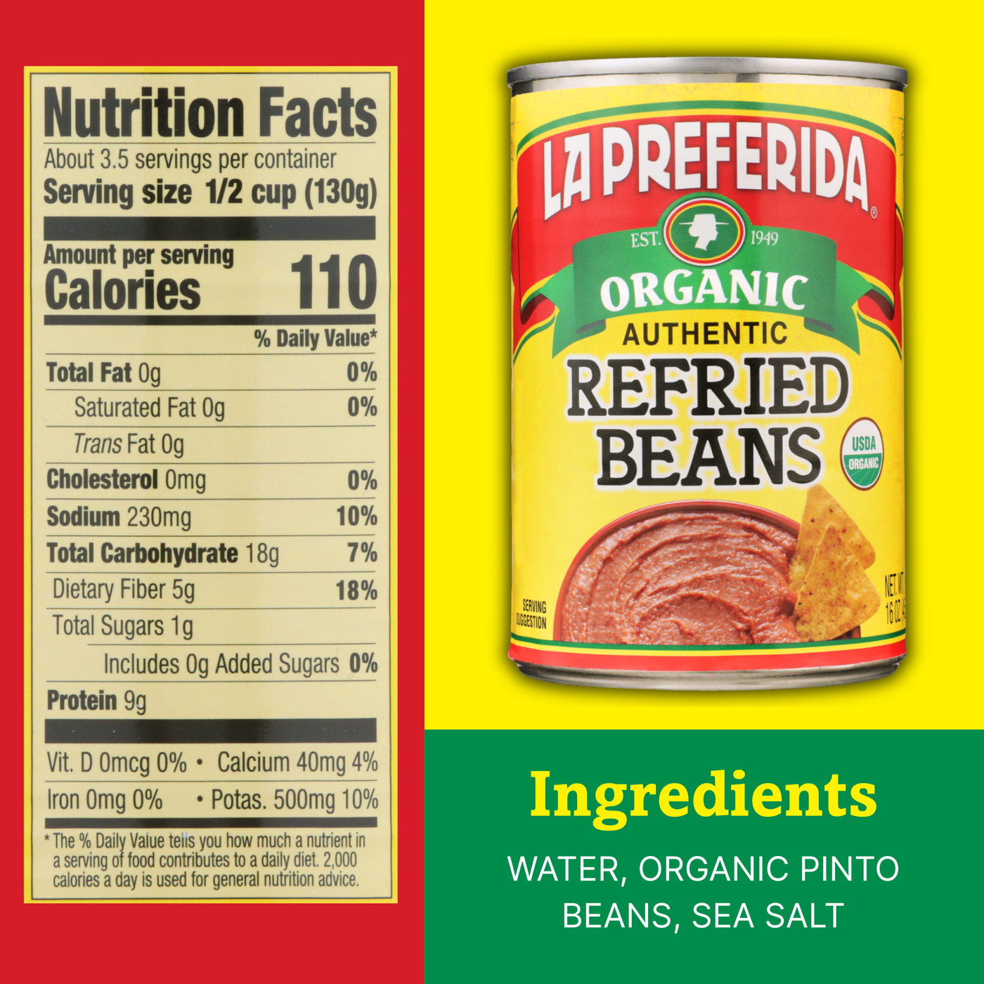 Nutrition label and ingredients for organic refried beans made with pinto beans, water, and sea salt.