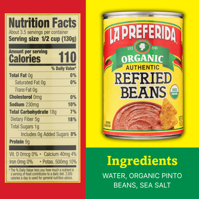 Nutrition label and ingredients for organic refried beans made with pinto beans, water, and sea salt.
