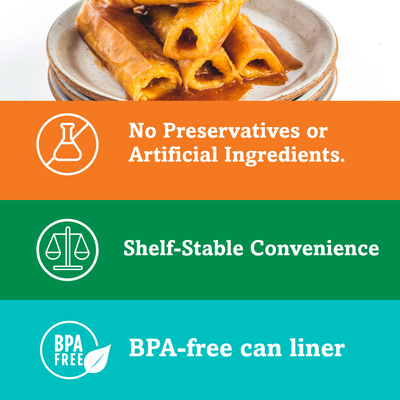 Plate of canned beef tamales with product claims: no preservatives, shelf-stable convenience, and BPA-free can liner