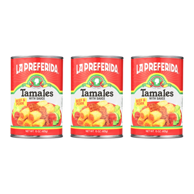 Three cans of La Preferida beef and pork tamales with sauce, multi-pack option