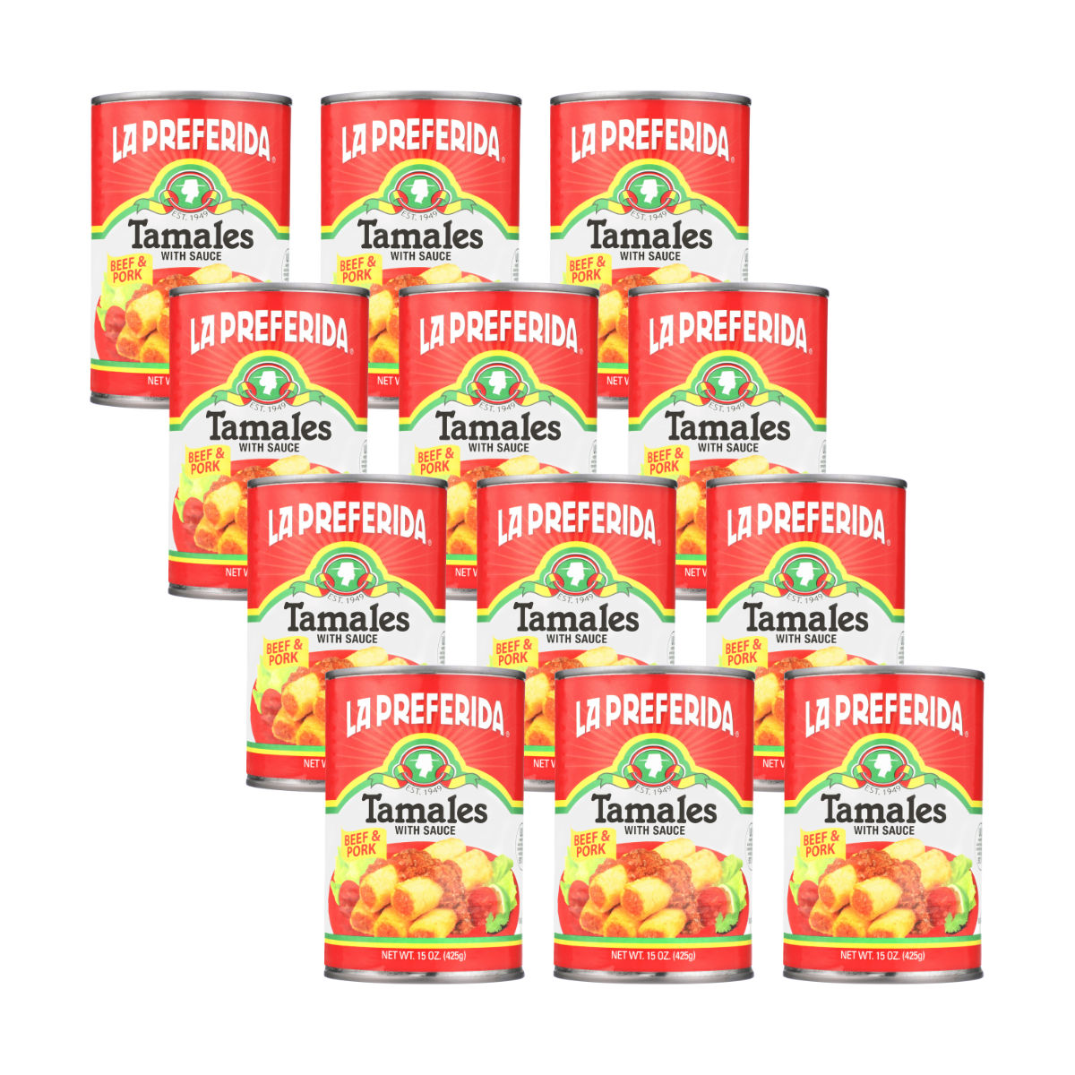 Case of twelve La Preferida canned beef tamales with sauce for easy storage