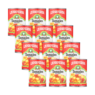 Case of twelve La Preferida canned beef tamales with sauce for easy storage