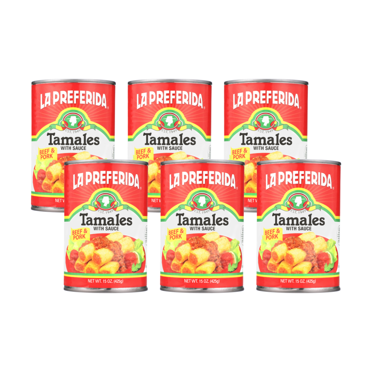 Six cans of La Preferida beef and pork tamales in sauce, convenient bulk size