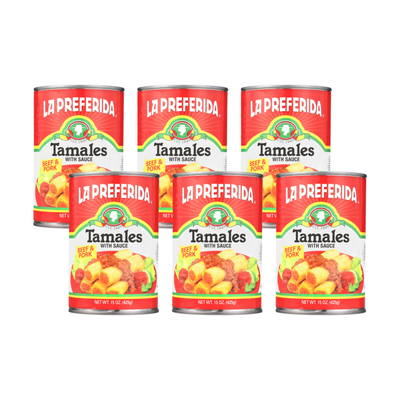 Six cans of La Preferida beef and pork tamales in sauce, convenient bulk size