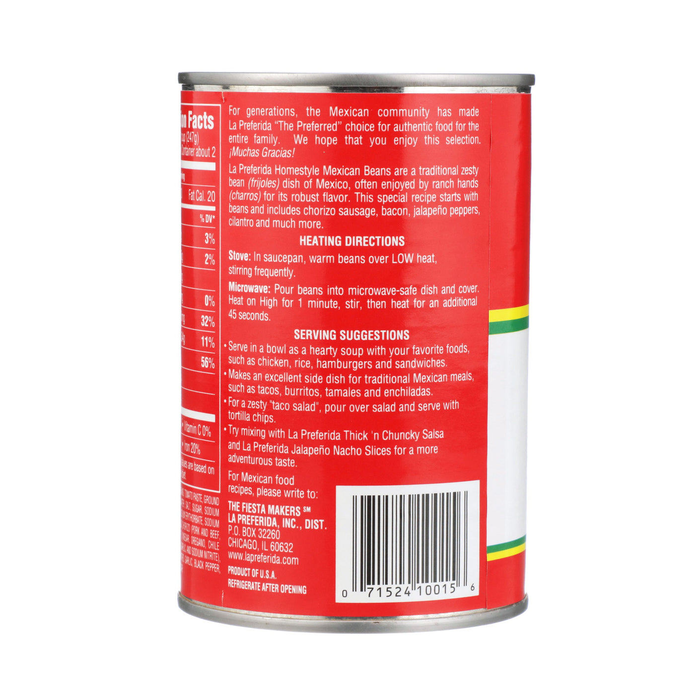 Back label of La Preferida Homestyle Beans Frijoles Charros showing nutrition and ingredients