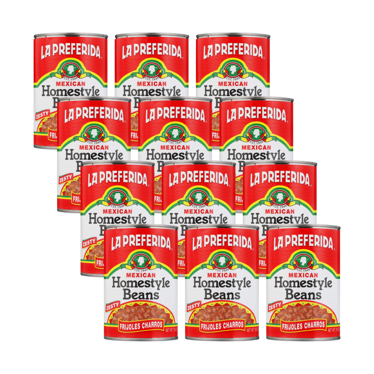 Case of twelve cans of La Preferida Homestyle Beans Frijoles Charros ranchero beans