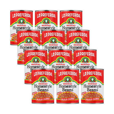 Case of twelve cans of La Preferida Homestyle Beans Frijoles Charros ranchero beans
