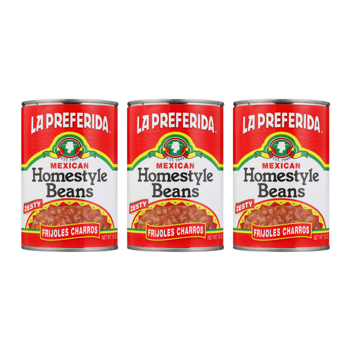 Three cans of La Preferida Homestyle Beans Frijoles Charros ranchero-style Mexican beans
