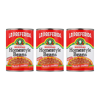 Three cans of La Preferida Homestyle Beans Frijoles Charros ranchero-style Mexican beans