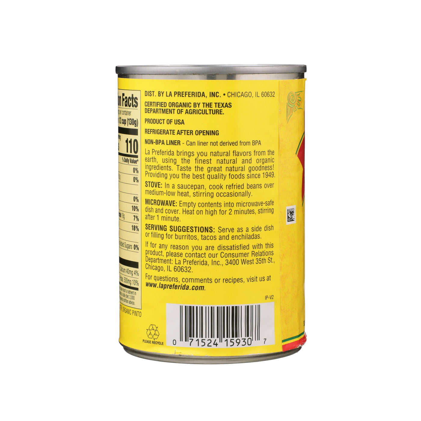 Side view of USDA organic refried beans can highlighting healthy label details.