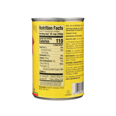 Nutrition label of organic refried beans showing simple, healthy ingredients with no lard.