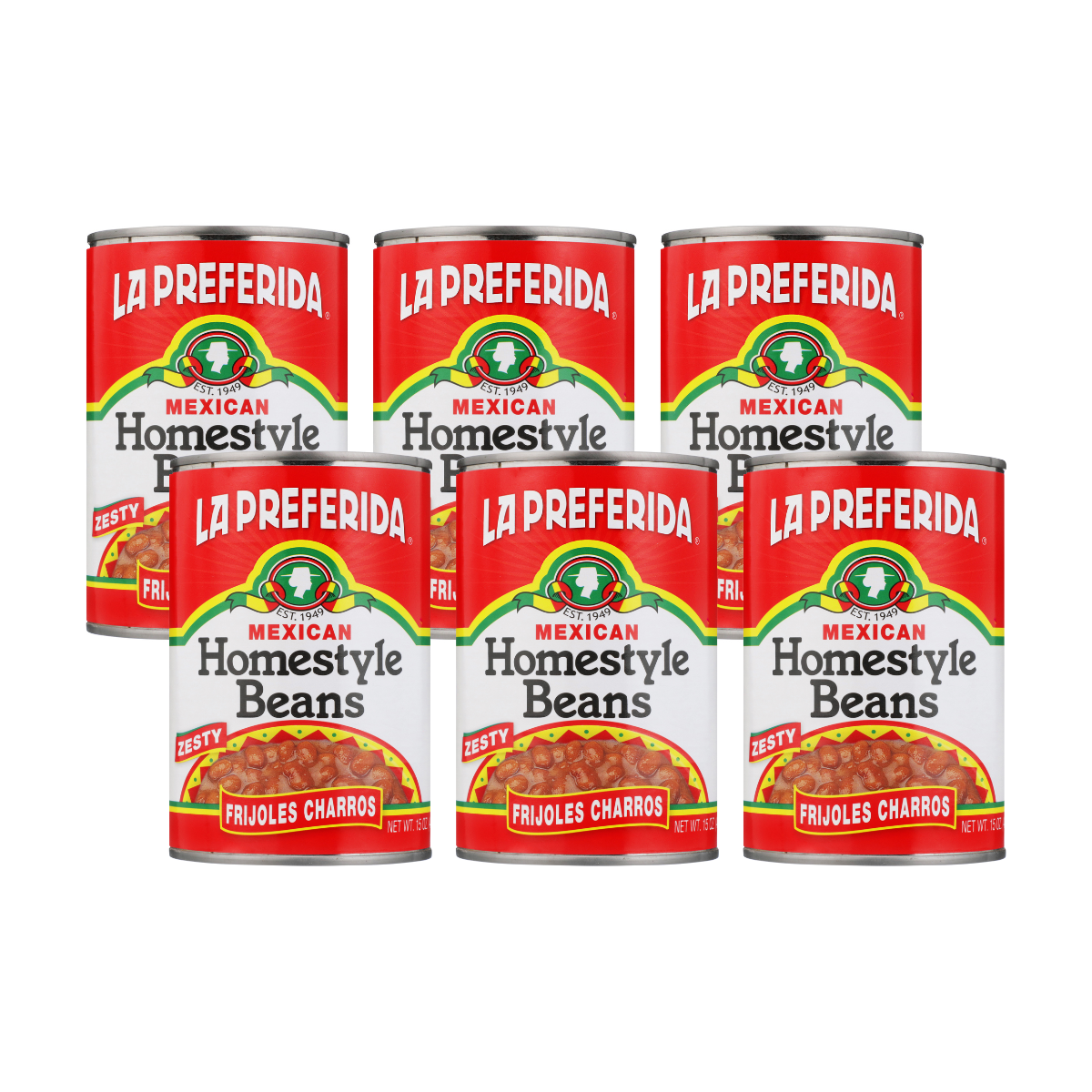 Six cans of La Preferida Homestyle Beans Frijoles Charros Mexican-style ranchero beans