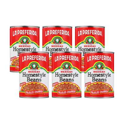 Six cans of La Preferida Homestyle Beans Frijoles Charros Mexican-style ranchero beans