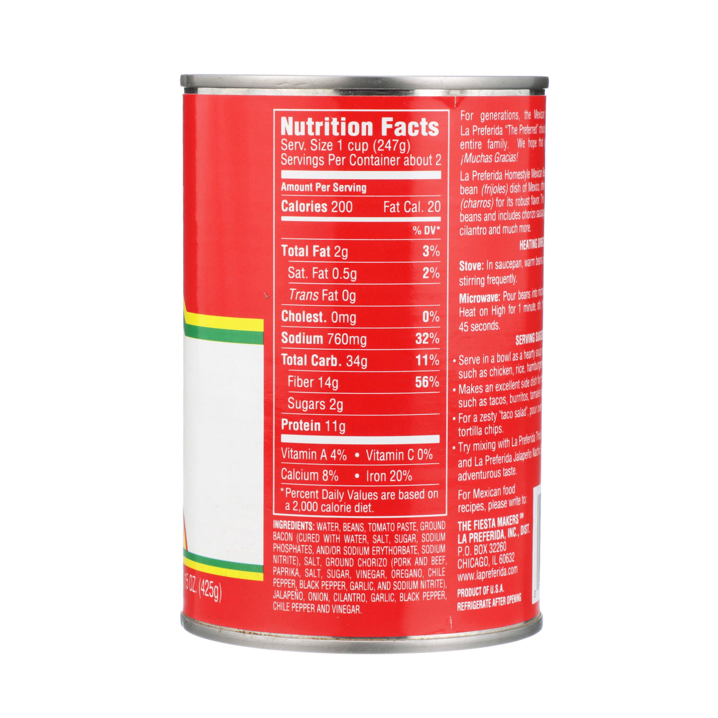 Side view of La Preferida Mexican Beans can highlighting frijoles charros ingredients